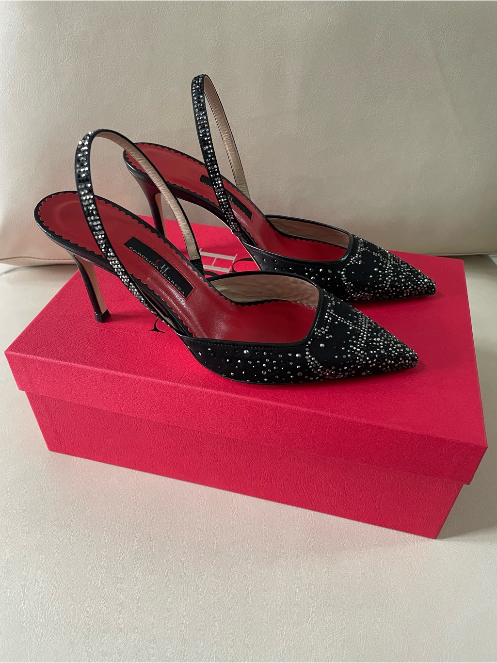 Carolina Herrera Black Crystal Slingback Pointed-Toe Heels With Red Insole